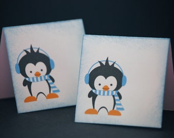 Earmuff Penguin, mini Christmas folded notes, set of 8 small holiday enclosure cards