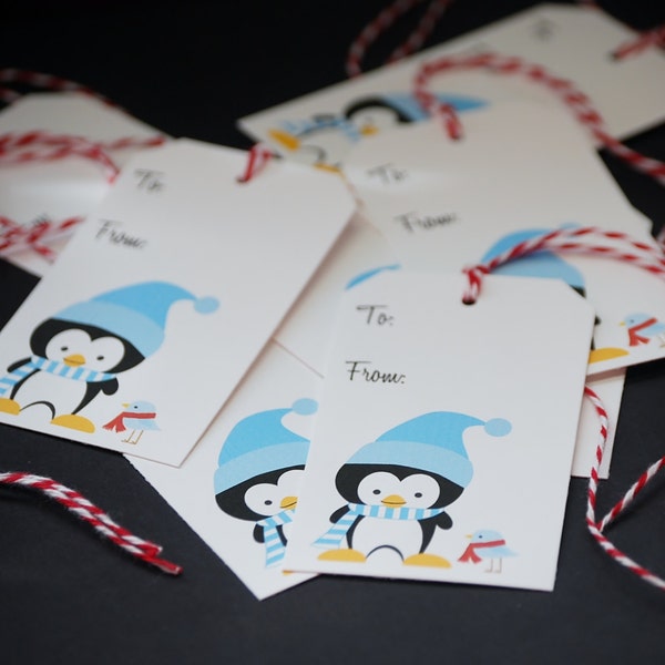 Penguin In a Blue Hat, holiday gift tags, set of 8 Christmas hang tags