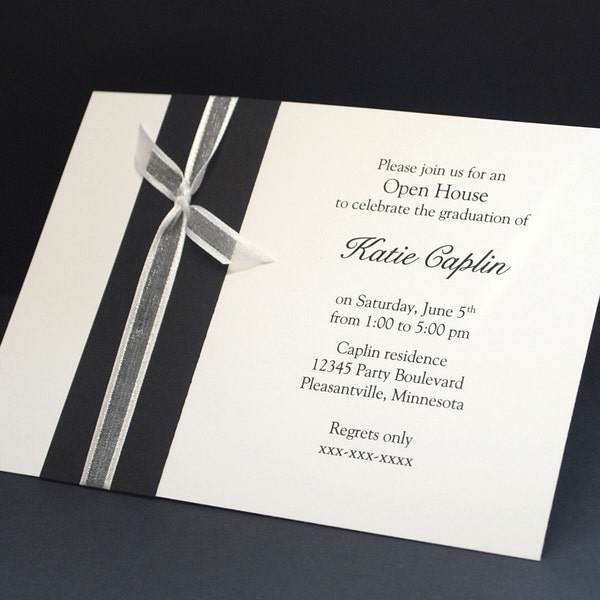 Black With White Ribbon, open house invitation sample