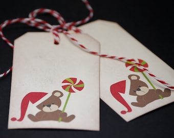 Teddy Bear with Christmas Lollipop, holiday gift tags, set of 8