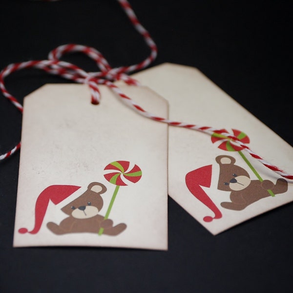 Teddy Bear with Christmas Lollipop, holiday gift tags, set of 8