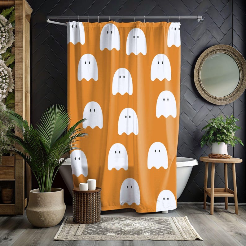 Whimsical Halloween Ghost Shower Cute Spooky Bathroom Decor Curtain ...