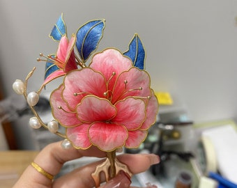 Pince à cheveux en métal fleur de pivoine fabriquée à la main - Accessoire pour cheveux floral élégant