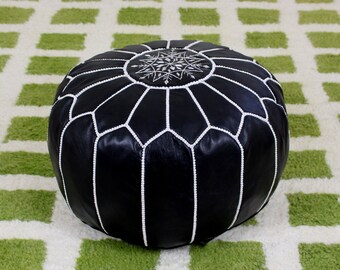 Moroccan Leather Black Ottoman Footstool pouf, Unique Home Decor For Living Room, Bedroom, Kids Room, dining room decor, morrocan decor