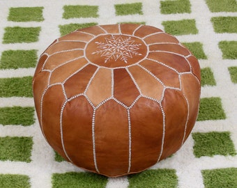 Vintage Tan Brown Pouf leather, ottoman footstool, genuine leather ottoman, leather pouf ottoman, neutral pouf,leather patches for furniture