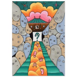 Puede incluir: Una ilustración colorida de un camino que lleva a un edificio con un signo de interrogación sobre la entrada. El camino está bordeado de huellas de pies y huellas de patas. El edificio tiene un techo verde y un símbolo yin yang en la fachada. El fondo está lleno de figuras grises y azules con ojos.