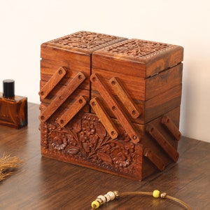Cassetta degli attrezzi pieghevole in legno - Cassetta degli attrezzi vintage a strati, contenitore per cucito in legno fatto a mano, artigianato e cassetta degli attrezzi, regalo unico degli anni '60