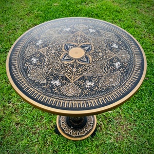 Hand Painted Table, Unique Coffee Table. Carved Coffee End Table, Round Wooden Table, Moroccan Round Table, Living Room Furniture