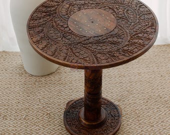 Dark Rustic Wood Side End Table - 20 inch Bedside Table, Farmhouse Accent Table, Small Round Coffee Table for Living Room Decor