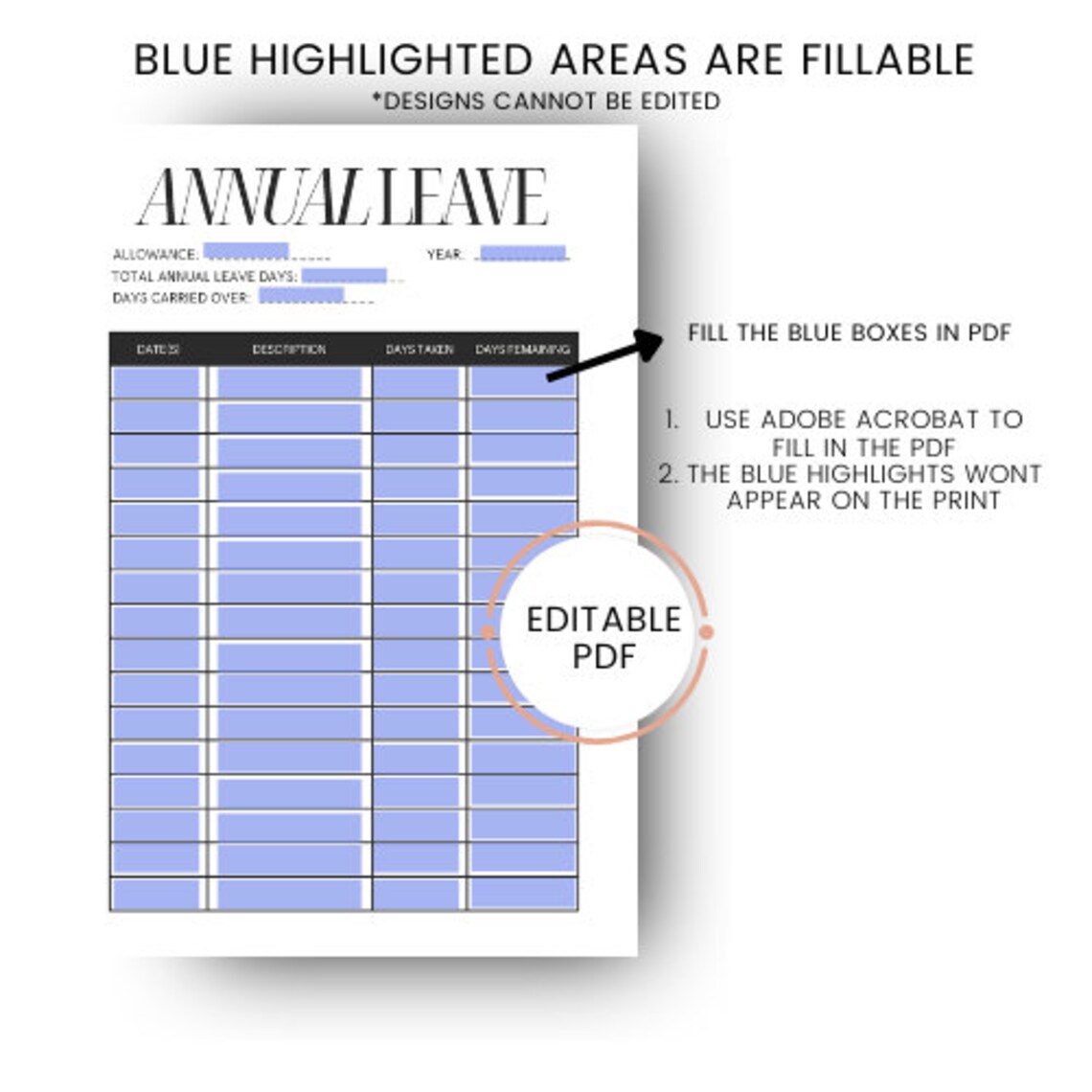 Editable Annual Leave Tracker Printable Holiday Tracker Work Leave Log ...