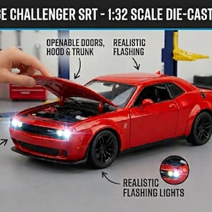 May include: A red 1:32 scale die-cast Dodge Challenger SRT model car featuring openable doors, hood, and trunk. The vehicle includes realistic flashing lights and engine sounds. Text on the image reads: DODGE CHALLENGER SRT - 1:32 SCALE DIE-CAST MODEL, OPENABLE DOORS, HOOD & TRUNK, REALISTIC FLASHING, REALISTIC FLASHING LIGHTS, ENGINE SOUNDS.