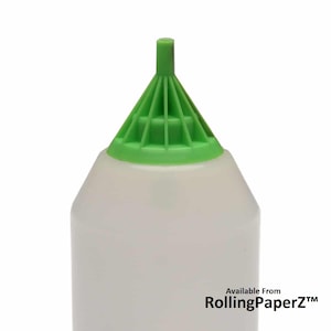 May include: A translucent plastic bottle with a green conical cap. The bottle has a cylindrical body and a small circular detail near the bottom. Text on the side reads "Available From RollingPaperZ™".