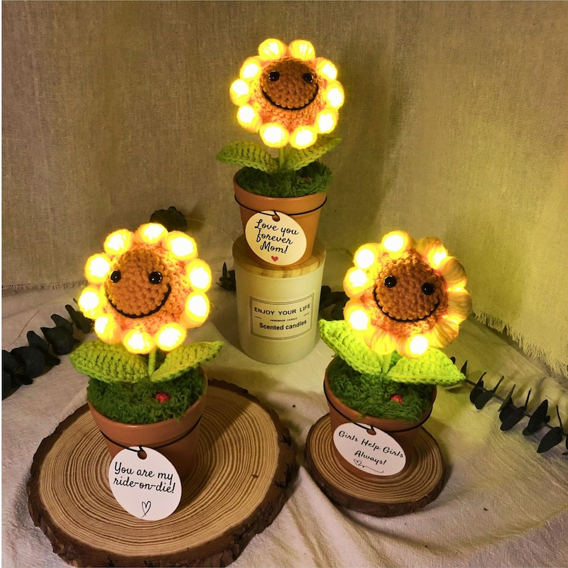 🌻BUY 2 FREE SHIPPING🌻Crochet Sunflower Lamp, Personalized Knitted Smiley Flower, Emotional Support Plant, Birthday Gift, Gift for Her, Tiny Home Decor,Mom Gift