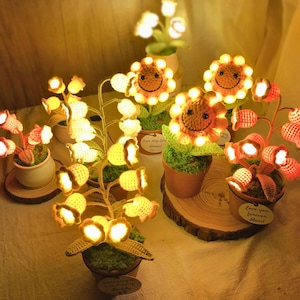 May include: A collection of handmade crochet flower lamps in various styles. The lamps feature warm white LED lights, with some designed as sunflowers with smiling faces. Other lamps resemble bell-shaped flowers in small pots, some with wooden bases.