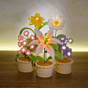 May include: Five crocheted flower arrangements with lights in their centers. Each flower is in a crocheted pot. The flowers are a pink lily, a yellow daffodil, a white daisy, a purple bellflower, and a pink bellflower.
