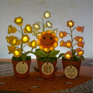 Handmade Crochet Flowers Lamp, Crochet Lily, Knitted Sunflower, Tiny Home Office Decor, Birthday Gift, Mom Gift, New Year Gift