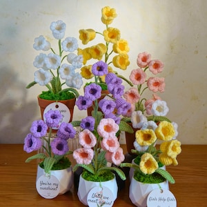 May include: A collection of handmade crochet flowers in various colors, including white, yellow, purple, and pink, displayed in small pots. Some pots have tags with text like "You're my sunshine!" and "Until we meet again!"