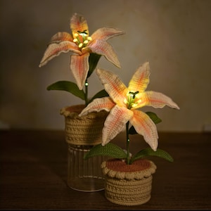 May include: Two crocheted lily flowers with glowing lights inside the blooms. The flowers are in crocheted pots, one on top of the other.
