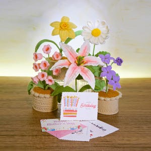 May include: A crocheted flower arrangement with a pink lily, white daisy, yellow daffodil, and purple flowers. The flowers are in crocheted pots and there are four cards in front of the arrangement. The cards say "Happy Birthday", "Happy Mother's Day", "Happy Anniversary", and "Happy Birthday".