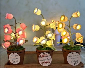 Crochet Lily of the Valley Night Light,Handmade Knitted Flower Lamp,Potted Plant, Tiny Home Decor, Birthday Gift for Her, Mom Gift