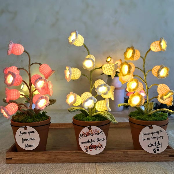 Lampada notturna a forma di mughetto all'uncinetto, lampada a forma di fiore lavorata a maglia a mano, pianta in vaso, piccolo arredo per la casa, regalo di compleanno per lei, regalo per la mamma