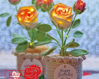 Crochet Rose Flower Light, Custom Birth Month Flower in Pot, Knitted Roses Floral Gift, Birthday Gift, Unique Gift for Her, Home Decor