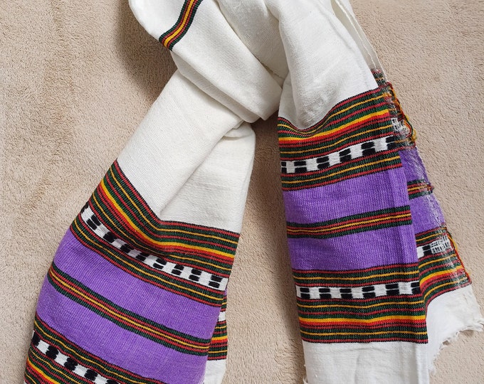 Habesha Cotton Netela/scarf(05), Hand-made cotton shawl, Cotton Scarf with patterned thread decor