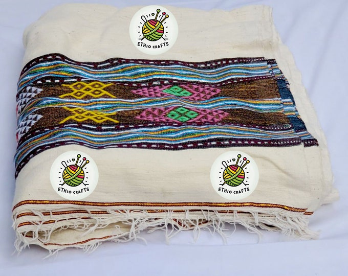 Full Cotton Gabi, Habesha Cotton Gabi/blanket, Hand-made cotton blanket, Cotton Gabi with patterned thread decor
