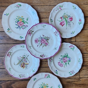 Set med 6 omaka antika KG Lunéville tallrikar – Blommönster – Vintage franskt porslin