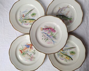 Assiettes plates anciennes x5 de la société française de porcelaine. Décor poisson. Vintage.