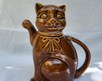 Vintage Chinese cat teapot in brown ceramic