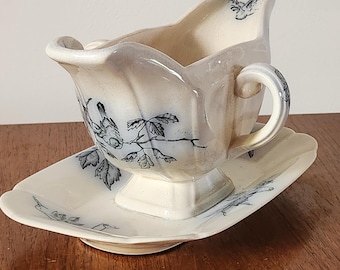 Antique ironstone gravy boat, Birds pattern