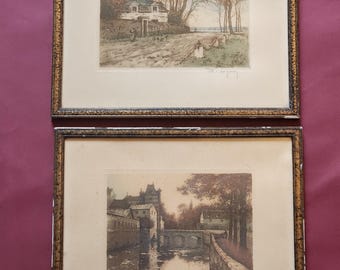 2 old landscape engravings, framed 19th century