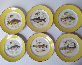 6 assiettes poissons de la manufacture française MOULIN DES LOUPS à Orchies. Vintage.