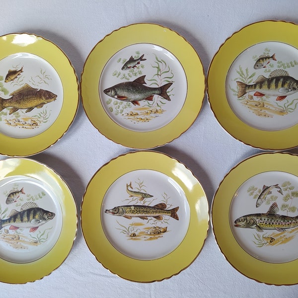 6 assiettes poissons de la manufacture française MOULIN DES LOUPS à Orchies. Vintage.