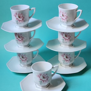 Lot De 6 Tasses à Café Avec Soucoupes - Porcelaine Blanche à Liseré Argenté, Capacité 90ml, Style Rétro, Occasion Très Bon État