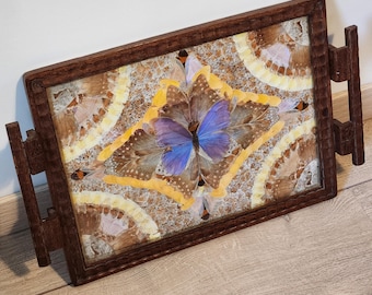 Splendido vassoio in legno con farfalle art deco vintage