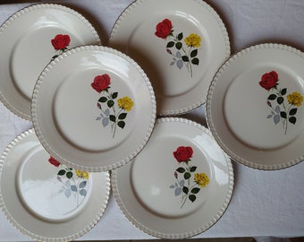 6 assiettes anciennes en faïence de la manufacture française de  DIGOIN SARREGUEMINES. Décor de floral de roses. Vintage.