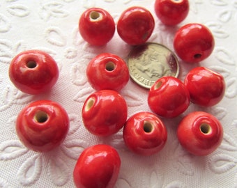 GAEA Porcelain Clay Bead Set - 13 Round Beads in RED - 12mm Average - 2 Sets Available