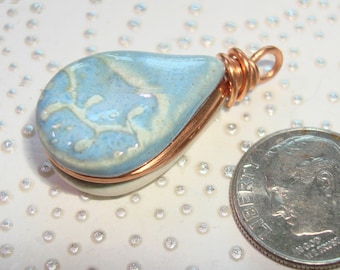 Gaea Porcelain Clay Pendant - RAINDROP - 30x10mm - Wire-Wrapped in COPPER