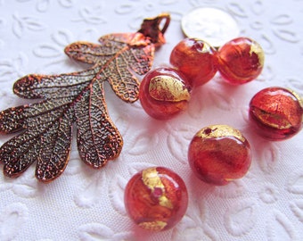 6  MURANO Lampwork Foil Beads with Copper-Red Glass over Gold Foil & 1 COPPER Electro-Plated Oak Leaf