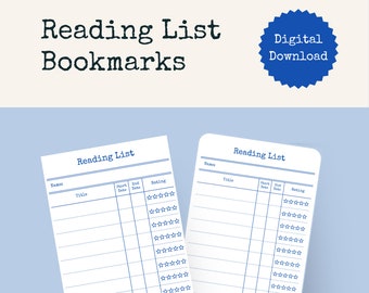 Könnte beinhalten: Zwei druckbare Leselisten-Lesezeichen mit blau-weißem Design. Jedes Lesezeichen hat einen Bereich für den Buchtitel, den Autor, das Startdatum, das Enddatum und ein Bewertungssystem mit fünf Sternen.