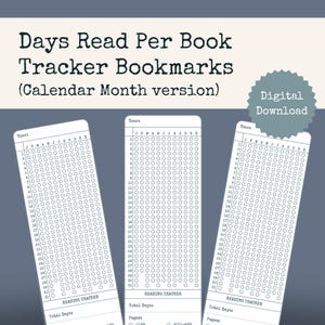 May include: Three printable bookmarks for tracking reading progress. Each bookmark has a grid with the months of the year and numbers 1 to 31. The bookmarks have the text "Reading Tracker" and space to write in the total days read and pages read.