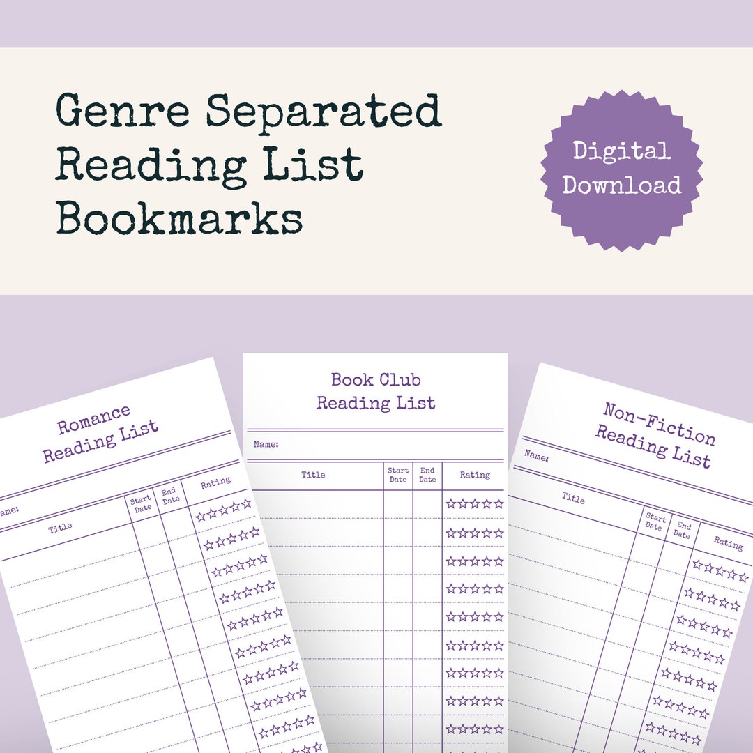 Printable Reading Lists by Genre Bookmarks Record Title Dates Rating ...
