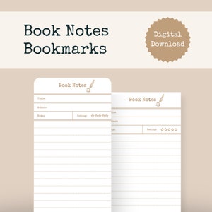 May include: Two printable book note bookmarks with a vintage aesthetic. Each bookmark has a title, author, date, and rating section with a quill pen illustration.