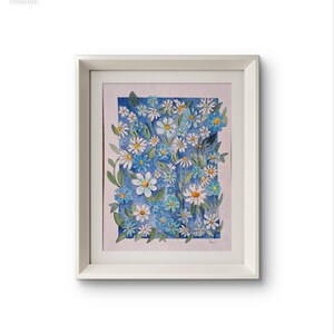 pensiero fiorito.quadro acquarello fiori blu e margherite. Arte floreale dipinta a mano