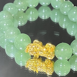 Lucky 18k Gold Medium Pixiu Piyao. Imperial Jade Green Onyx beads
