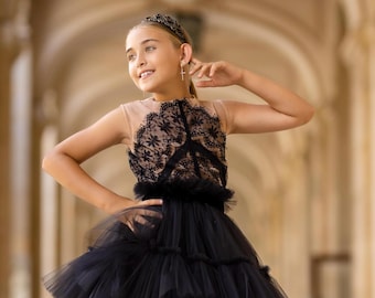 Chantilly Lace Dress: Elegant Beige & Black Girls' Party Dress