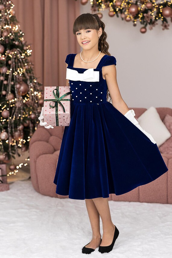 Blue Indigo Velvet Cristmas Dress with Gloves: Girls' Holiday Party Gown Blue Indigo Velvet Cristmas Dress with Gloves: Girls' Holiday Party Gown