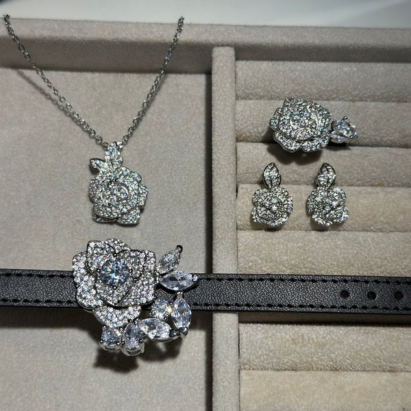 Luxury Camellia-Rose Jewelry Set - Pendant Necklaces-White Zirconia Stones-Camellia Rose Flower Elegant Silver Ring,Round Cut White Diamond